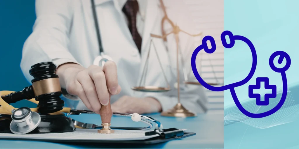 Doctor stamping medical document beside gavel and stethoscope, representing medical negligence cases and legal action in healthcare