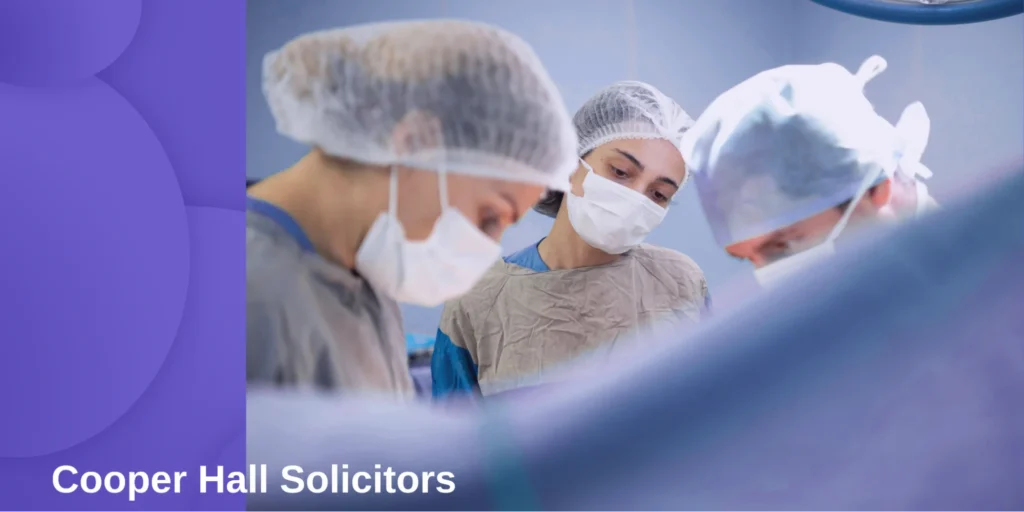 Medical team performing surgery with Cooper Hall Solicitors branding, symbolising support for medical negligence cases and patient claims