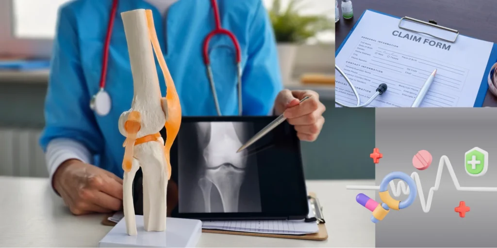Medical professional examining a knee model and X-ray beside a claim form, illustrating evidence gathering in the medical negligence claim process