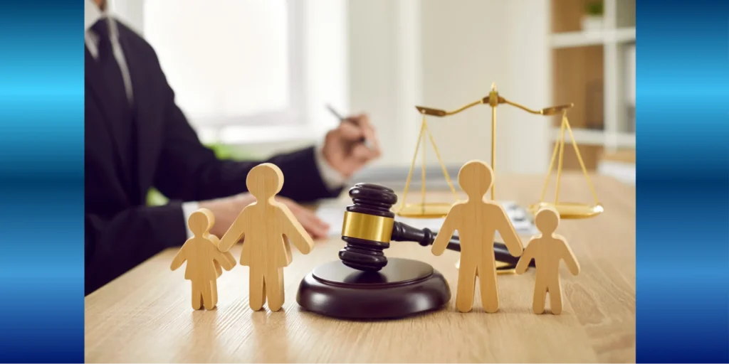 Wooden family figures beside a judge’s gavel and scales of justice on a desk, symbolising legal decisions and the impact of being remanded in custody on families and court outcomes