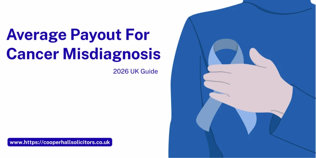 Blue awareness ribbon illustration beside Average Payout For Cancer Misdiagnosis UK title, symbolising cancer misdiagnosis compensation UK and patient support