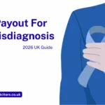 Blue awareness ribbon illustration beside Average Payout For Cancer Misdiagnosis UK title, symbolising cancer misdiagnosis compensation UK and patient support