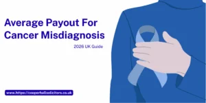 Blue awareness ribbon illustration beside Average Payout For Cancer Misdiagnosis UK title, symbolising cancer misdiagnosis compensation UK and patient support