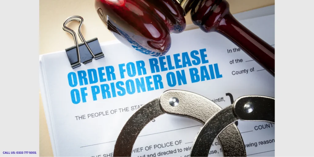 Close-up of a bail release document with a judge’s gavel and handcuffs, illustrating Bail Act 1976 bail rights, release on bail, and criminal court proceedings in England and Wales