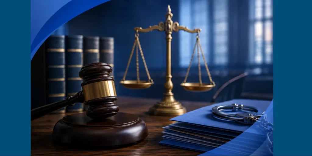 Judge’s gavel, scales of justice, legal files, and handcuffs on a courtroom desk, representing the Bail Act 1976, bail applications, court decisions, and defendant rights before trial