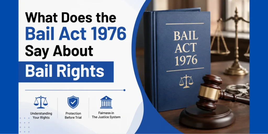 Legal guide featuring a Bail Act 1976 book beside a gavel, scales of justice, and court documents, highlighting bail rights, conditional bail, and criminal justice procedures in the UK