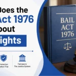 Legal guide featuring a Bail Act 1976 book beside a gavel, scales of justice, and court documents, highlighting bail rights, conditional bail, and criminal justice procedures in the UK