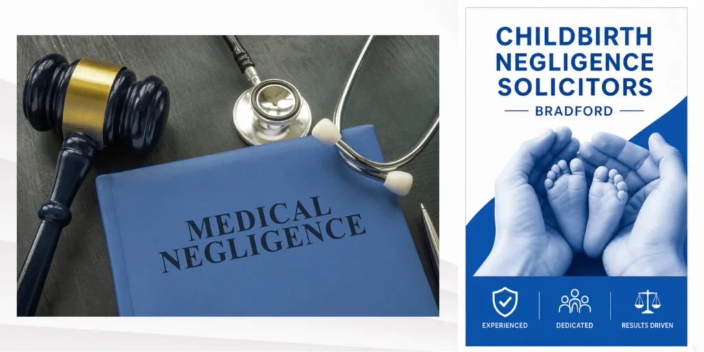 Medical negligence file with gavel and stethoscope representing legal action handled by childbirth negligence solicitors Bradford for clinical negligence compensation claims.