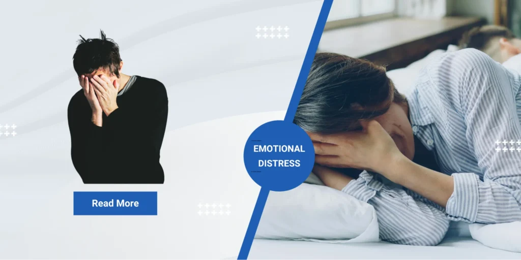 Two people showing visible signs of emotional distress, a man covering his face and a woman slumped over a pillow, illustrate the psychological impact of suing the NHS for emotional distress after medical negligence. 