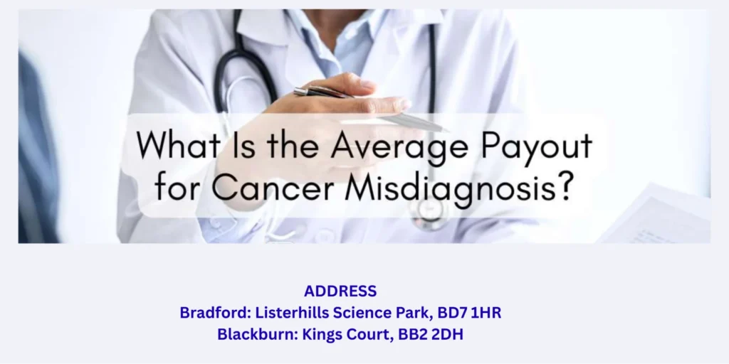 Doctor discussing medical paperwork beside text about Average Payout For Cancer Misdiagnosis UK, highlighting NHS medical negligence compensation and delayed diagnosis claims