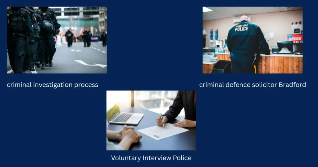 A collage showing the Voluntary Police Interview process, criminal investigation officers, police station interview, and criminal defence solicitor Bradford services