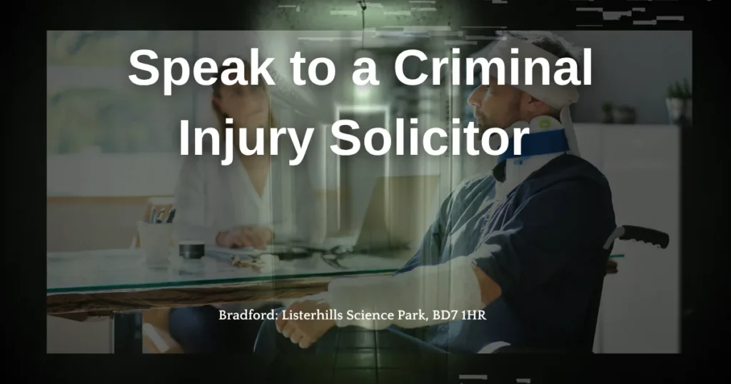 CICA Claims consultation in Bradford showing an injured man wearing a neck brace and head bandage speaking with a criminal injury solicitor about compensation after a violent crime. 