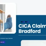 CICA Claims in Bradford graphic featuring a person with a leg cast and crutches, representing criminal injury compensation claims for victims of assault and serious injuries.