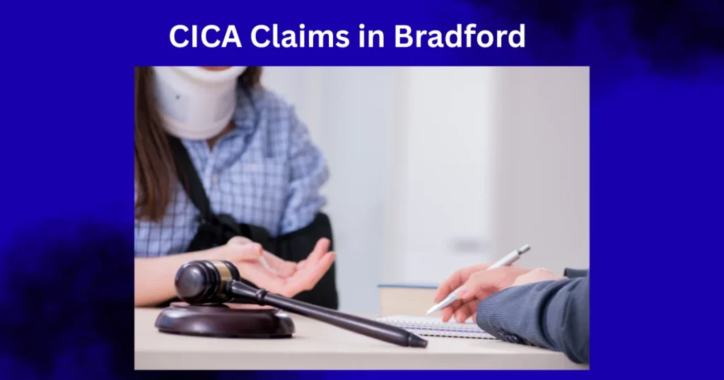 CICA Claims in Bradford illustration showing an injured woman in a neck brace discussing a criminal injury compensation claim with a solicitor beside a judge’s gavel. 