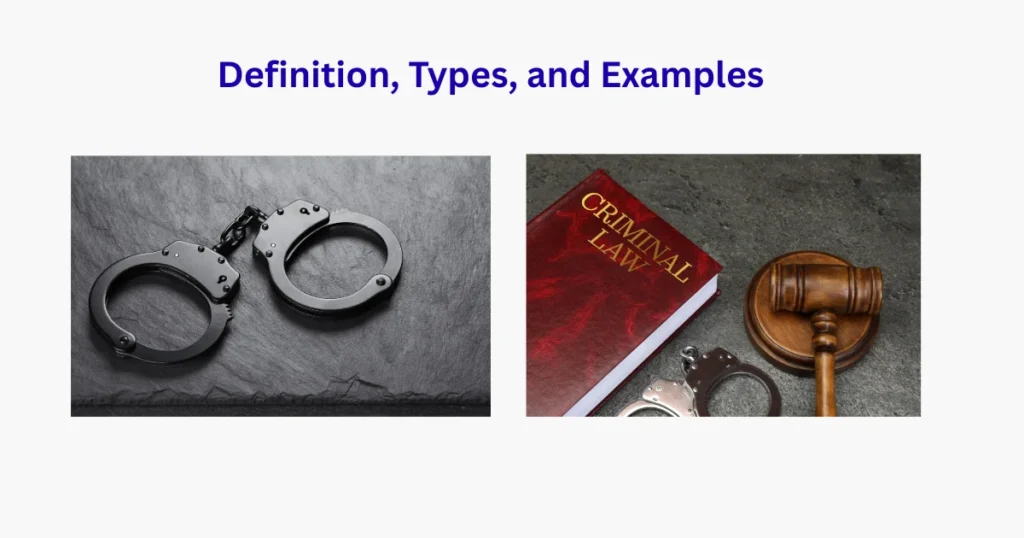 Criminal Law Definition illustrated with handcuffs, a criminal law textbook, and a judge's gavel representing criminal offences, legal proceedings, and the UK criminal justice system.