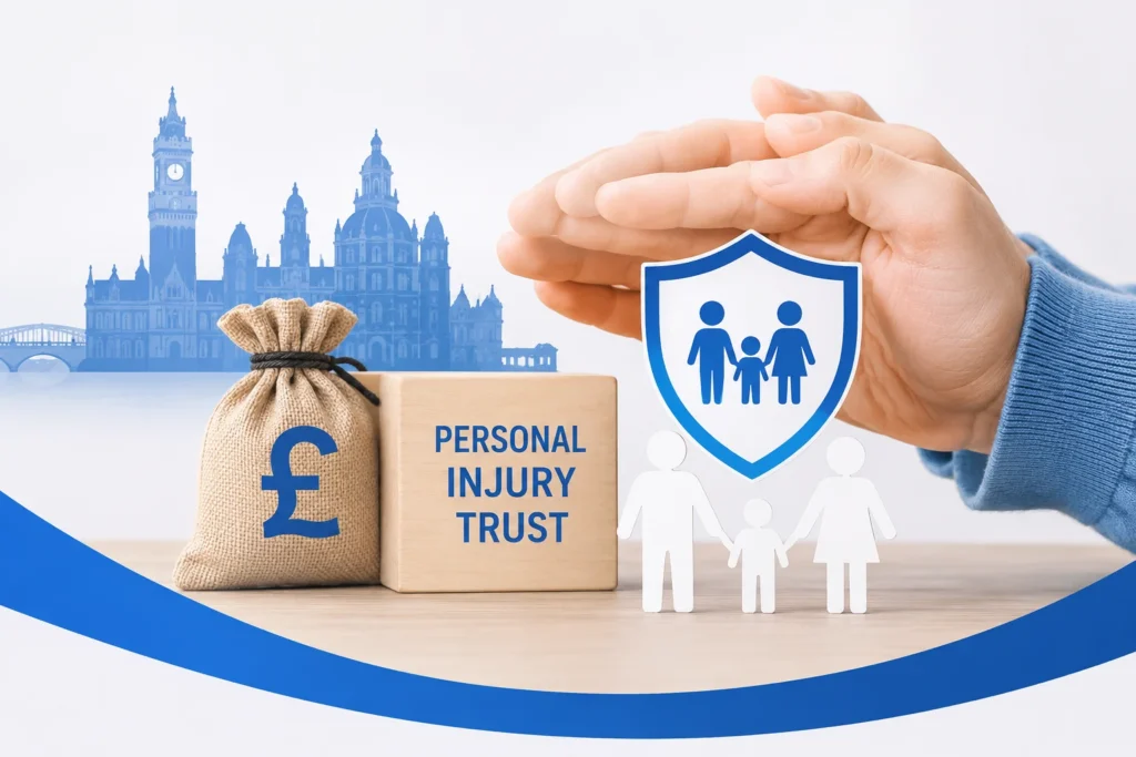 Hands protecting a family shield beside compensation money and Bradford skyline, illustrating how a Personal Injury Trust protects benefits and personal injury compensation after settlement. 