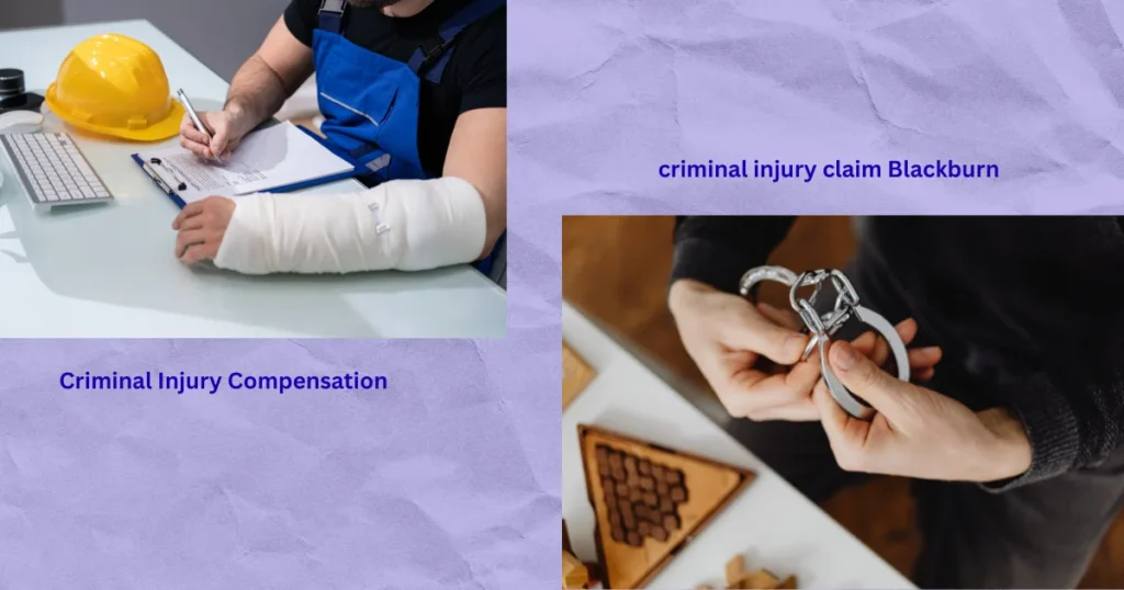 Injured worker with a cast on their arm completing paperwork at a desk, illustrating the Criminal Injury Compensation claim process, injury assessment, loss of earnings claims, and legal support for crime victims in Blackburn. 
