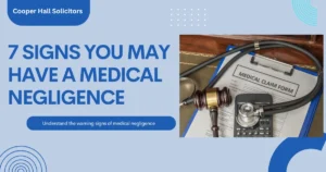 Medical negligence awareness graphic with a medical claim form, stethoscope, and judge’s gavel, highlighting the warning signs of medical negligence, misdiagnosis, delayed treatment, and compensation claims.