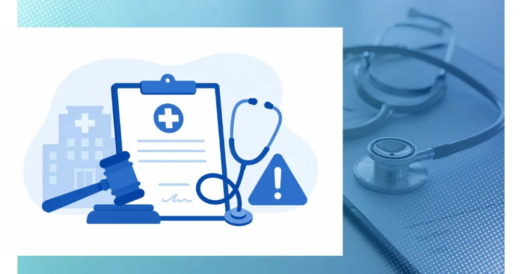 Medical negligence illustration showing a hospital, medical report, stethoscope, warning symbol, and gavel, representing clinical negligence, healthcare mistakes, patient safety concerns, and legal action. 