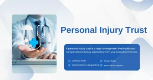 Medical professional holding healthcare protection symbol beside text about a Personal Injury Trust, showing Universal Credit protection and compensation safeguarding after injury settlement.