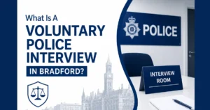 Voluntary Police Interview graphic showing Bradford police interview room, police station representation, and criminal defence solicitor support