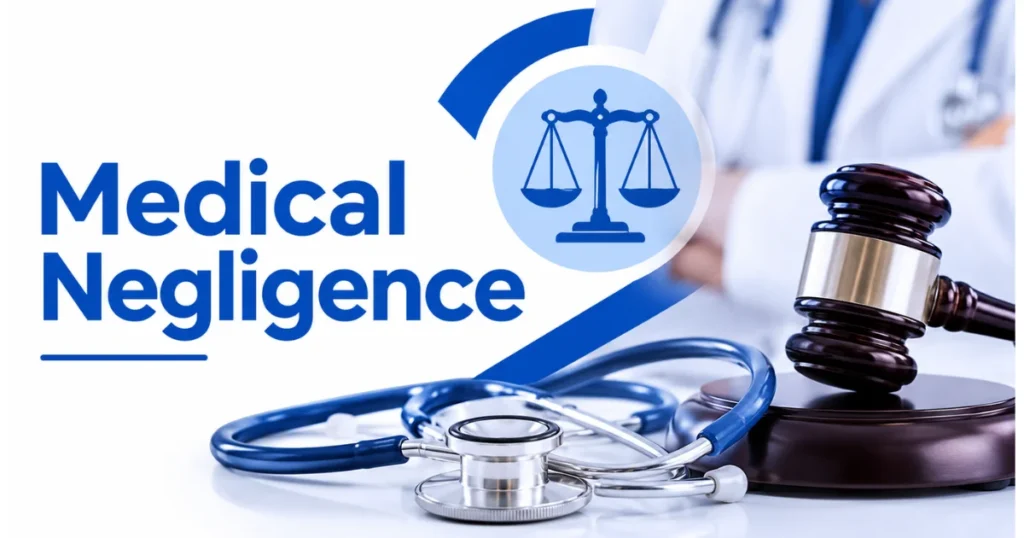 Medical negligence legal concept featuring a stethoscope, judge’s gavel, and scales of justice, illustrating a medical negligence claim involving healthcare errors, patient harm, and compensation rights.
