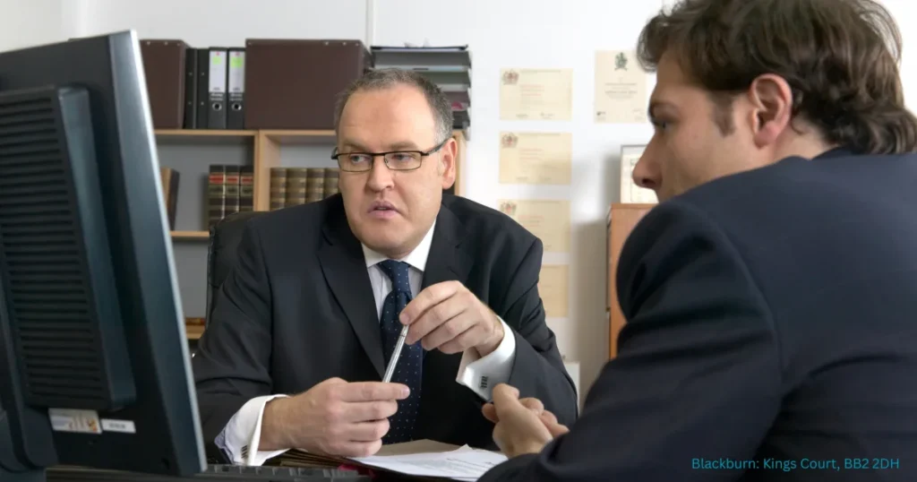 A lawyer explaining remand to a client during a legal consultation. Reviewing documents and giving advice in a professional office.