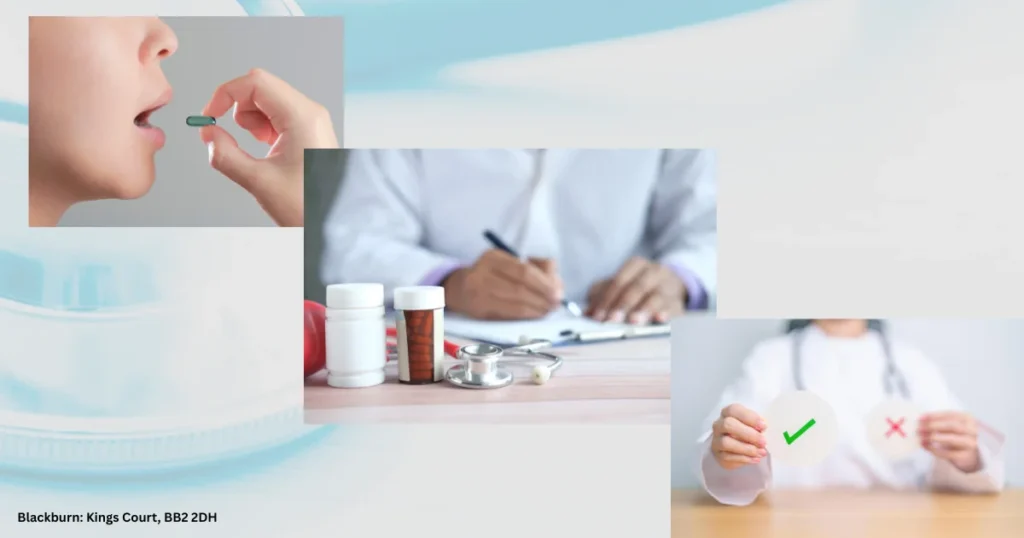 Collage of a person taking a medication, a healthcare professional writing a prescription, medical approval symbol. Illustration of what to do if the wrong medication is given to the patient, medication errors, patient safety, medical advice 