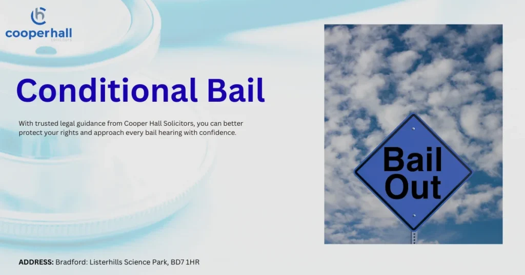 Conditional bail informational graphic with a 'Bail Out' road sign in front of blue sky, depicting bail conditions, court-ordered release, legal guidance and the importance of following UK bail requirements.