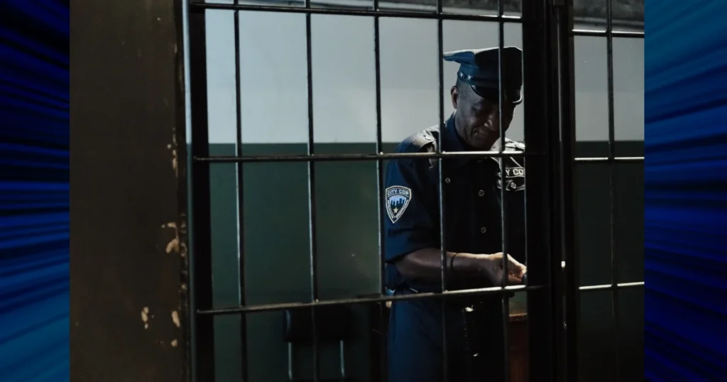 Police officer standing behind jail bars representing a defendant awaiting a conditional bail hearing where bail conditions, court approval and criminal defence legal representation determine temporary release. 