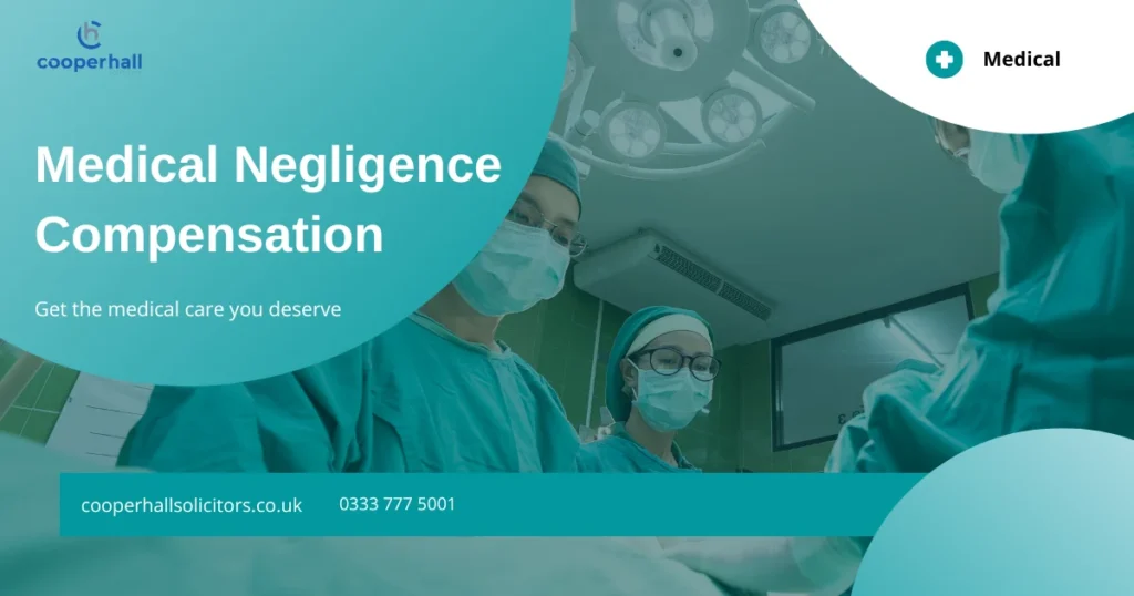 Promotional graphic for Medical Negligence Compensation features surgeons in an operating theatre. It highlights legal support for clinical negligence claims, medical malpractice cases, patient rights, and compensation for healthcare-related injuries.